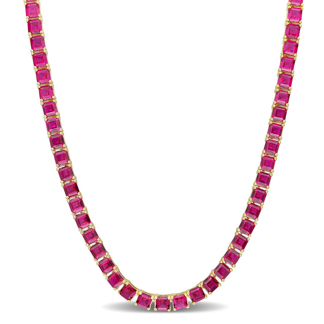 Square Created Ruby Yellow-Plated Tennis Necklace