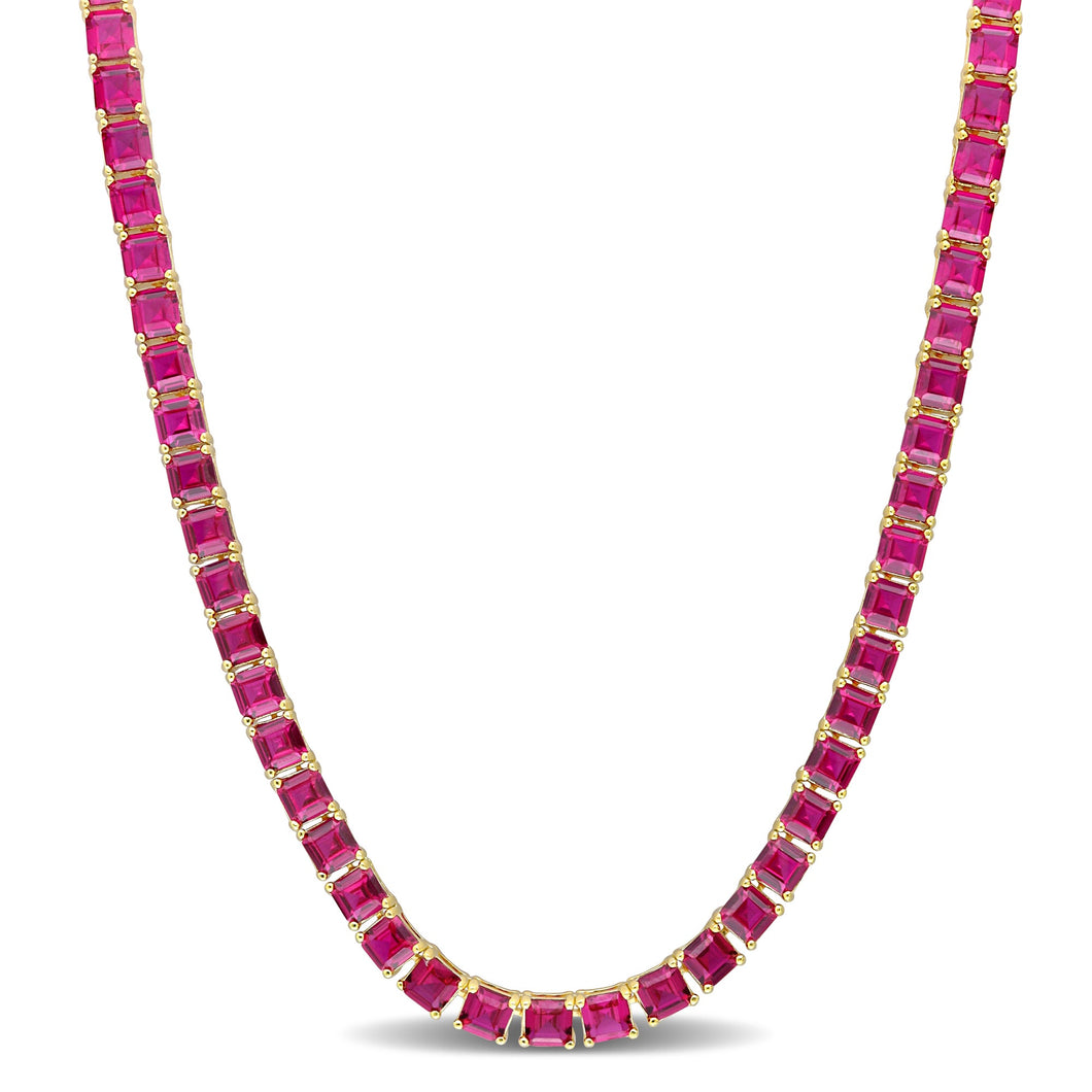 Square Created Ruby Yellow-Plated Tennis Necklace