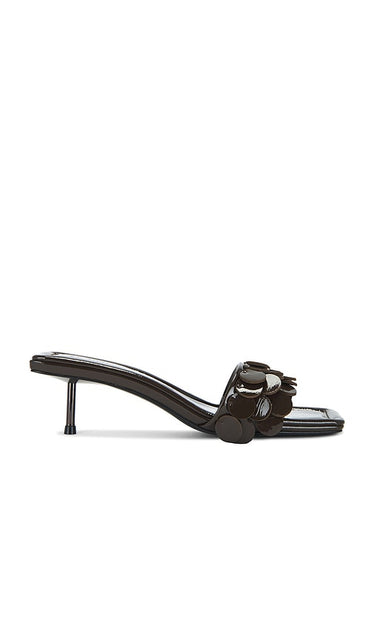 St. Agni Paillette Kitten Heel in Chocolate | Patent Fudge Open Toe Heels for Women