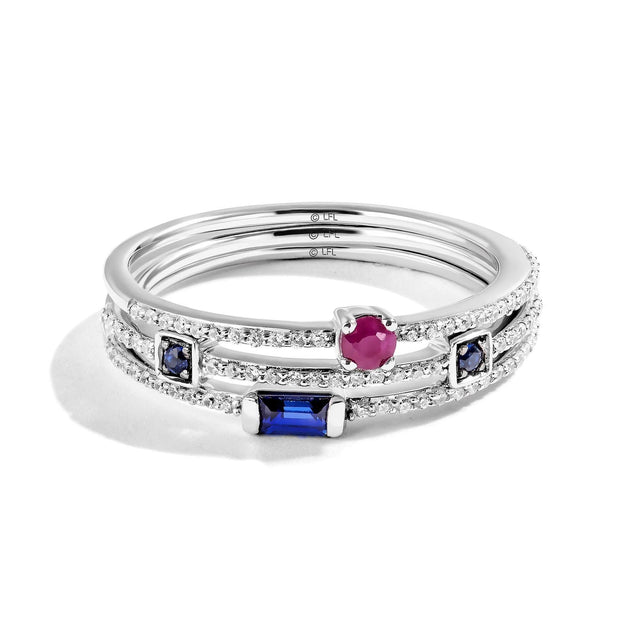 Star Wars(tm) Fine Jewelry R2-D2 Blue Sapphire, Garnet, and 1/5ctw Diamond Sterling Silver Stackable Ring Set | Friendship | Size 6