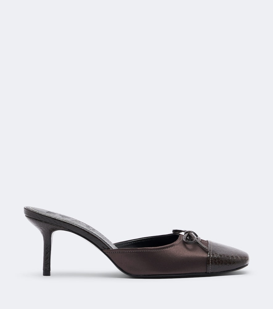 Staud Faye leather-trimmed satin mules in Brown - Mid Heel Pumps