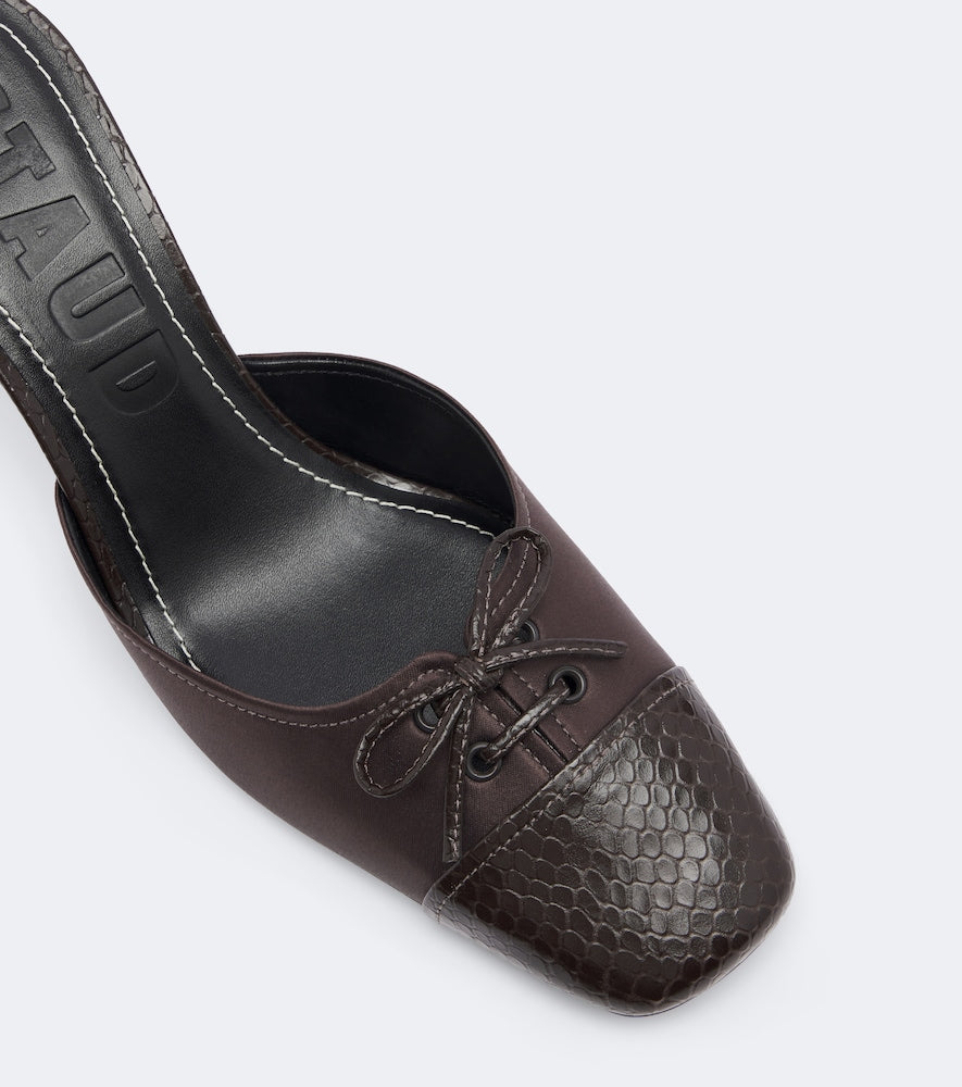 Staud Faye leather-trimmed satin mules in Brown - Mid Heel Pumps