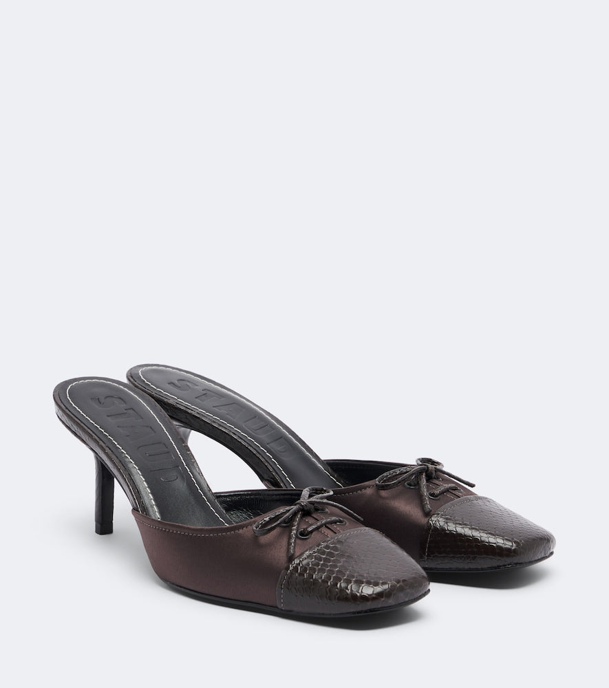Staud Faye leather-trimmed satin mules in Brown - Mid Heel Pumps