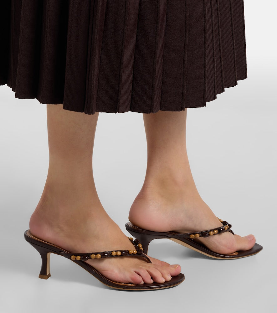 Staud Freja beaded leather thong sandals (Brown) - Mid Heel Sandals