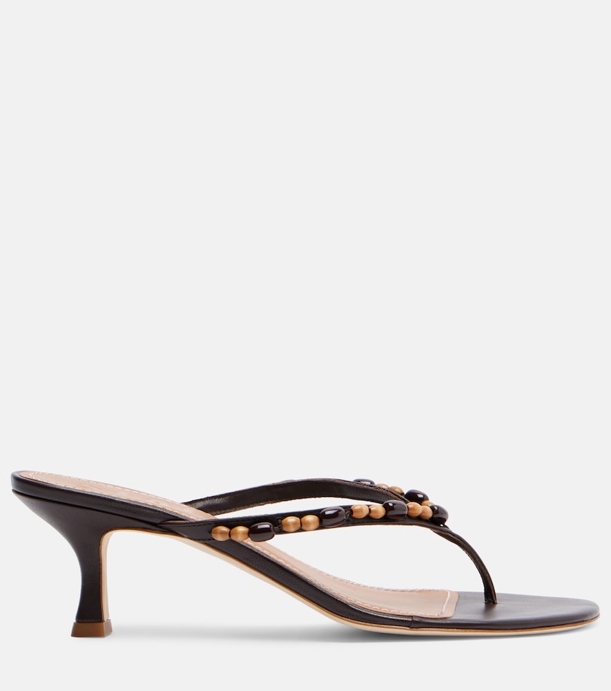 Staud Freja beaded leather thong sandals (Brown) - Mid Heel Sandals