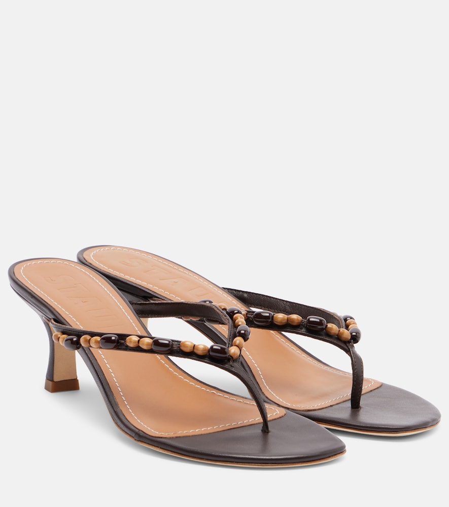 Staud Freja beaded leather thong sandals (Brown) - Mid Heel Sandals