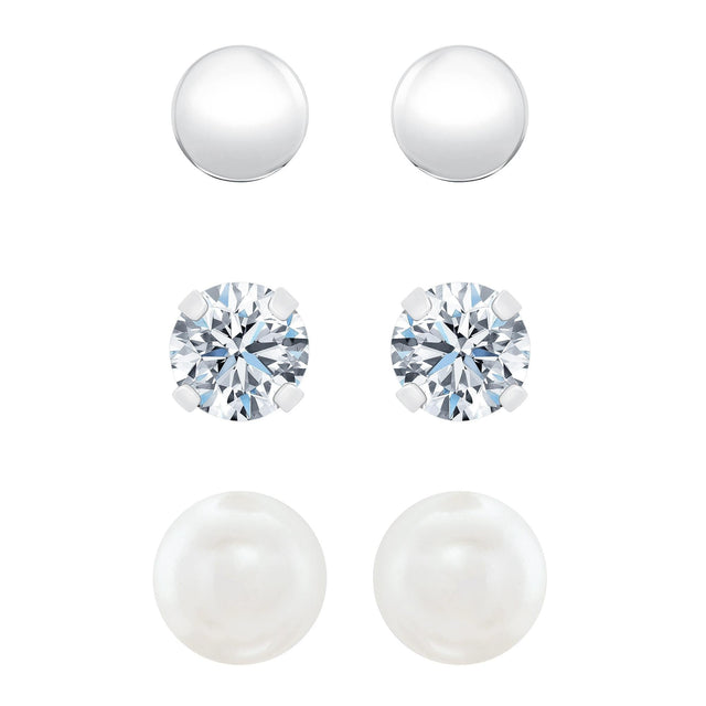 Sterling Silver Cubic Zirconia, Synthetic Pearl, and Ball Stud Earring Set