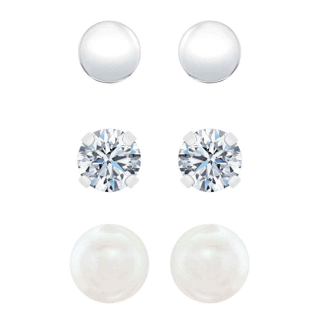 Sterling Silver Cubic Zirconia, Synthetic Pearl, and Ball Stud Earring Set