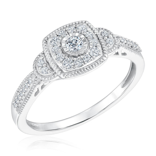 Sterling Silver Cushion Frame Round Diamond Cluster Ring 1/4ctw