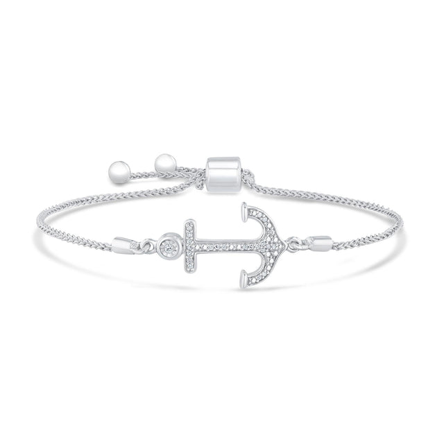 Sterling Silver Diamond Anchor Bolo Bracelet 1/15ctw