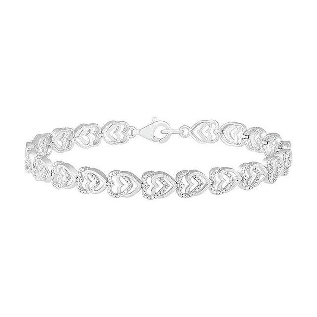 Sterling Silver Diamond Double Heart Link Bracelet 1/20ctw