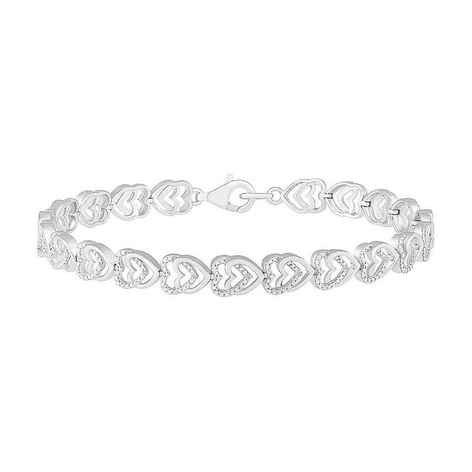 Sterling Silver Diamond Double Heart Link Bracelet 1/20ctw