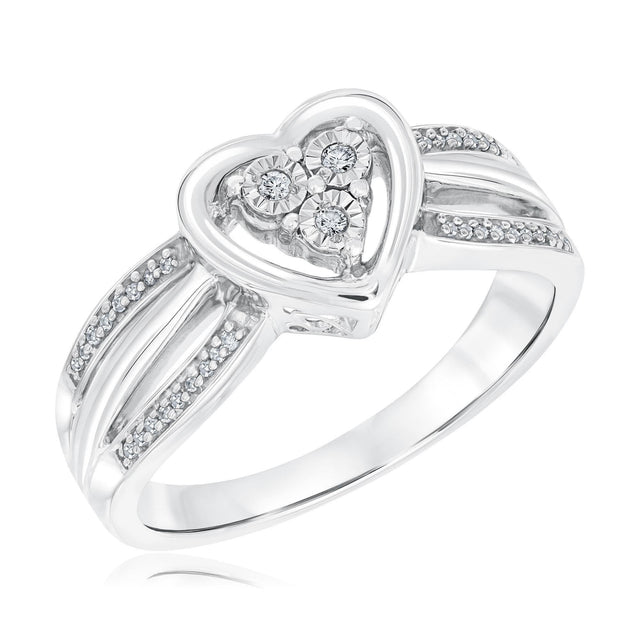 Sterling Silver Diamond Heart and Three Row Promise Ring 1/15ctw