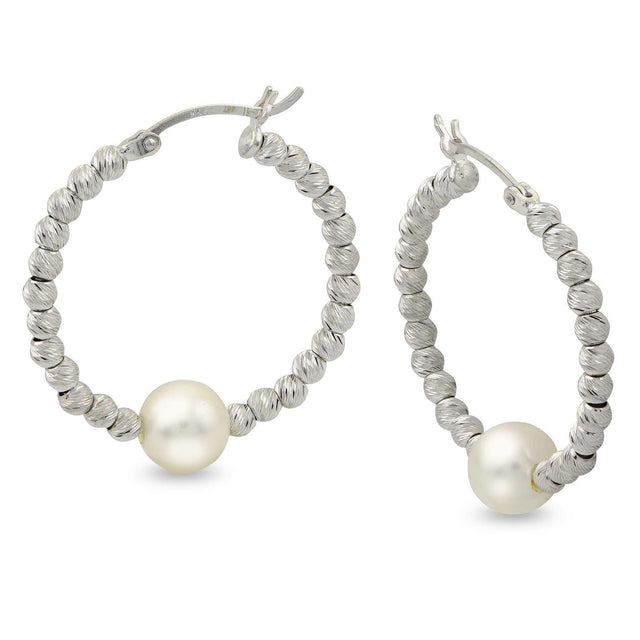 Sterling Silver Freshwater Cultured Pearl and Brilliance Bead Hoop Earrings, 30mm