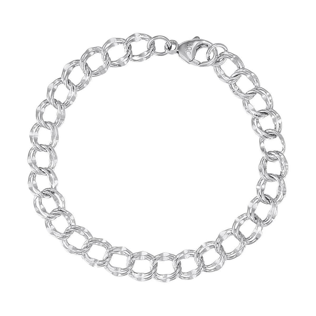 Sterling Silver Large Double Link Dapped Curb Classic Charm Bracelet, 7 Inches