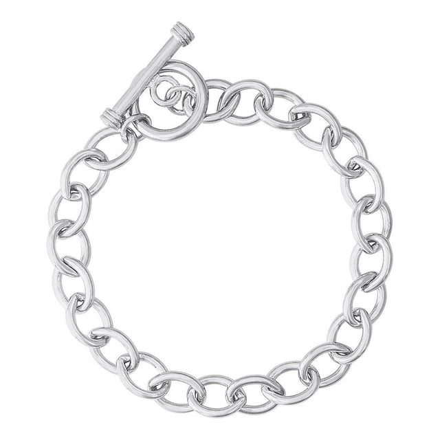 Sterling Silver Open Cable Link Classic Charm Toggle Bracelet | 7 Inches