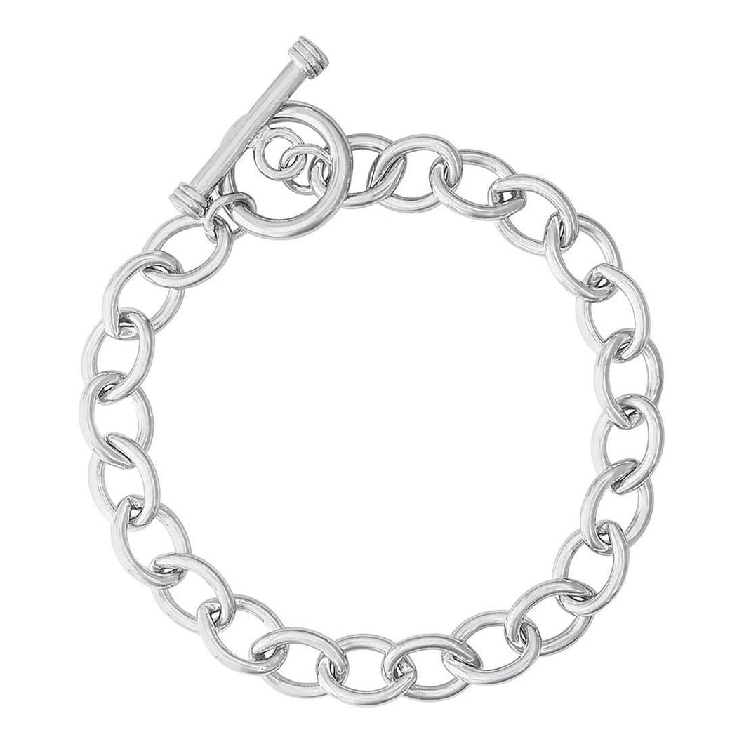 Sterling Silver Open Cable Link Classic Charm Toggle Bracelet | 7 Inches