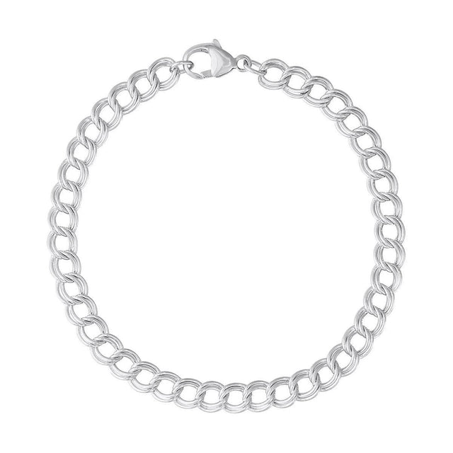 Sterling Silver Small Double Link Dapped Curb Classic Charm Bracelet, 7 Inches