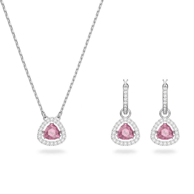 Swarovski Crystal and Zirconia Rhodium-Plated Pink Pendant Necklace and Earrings Set