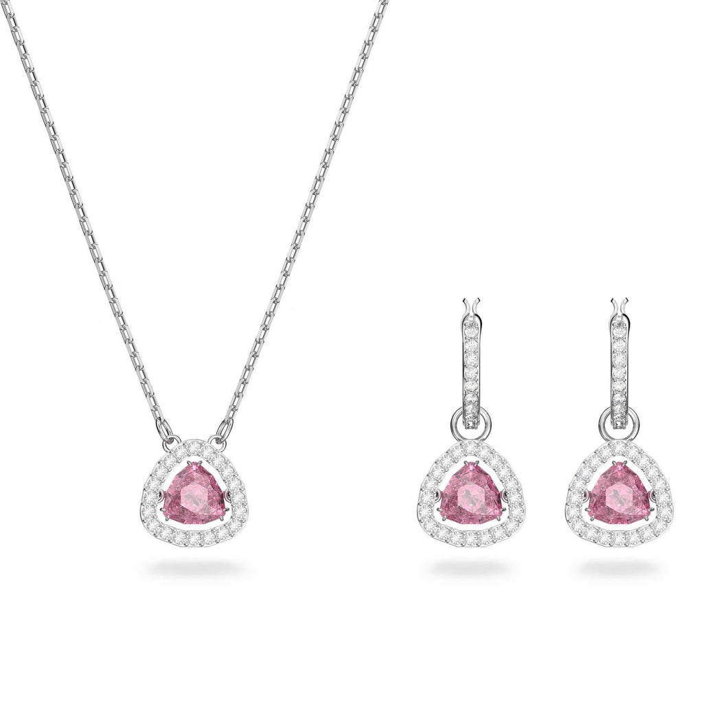 Swarovski Crystal and Zirconia Rhodium-Plated Pink Pendant Necklace and Earrings Set