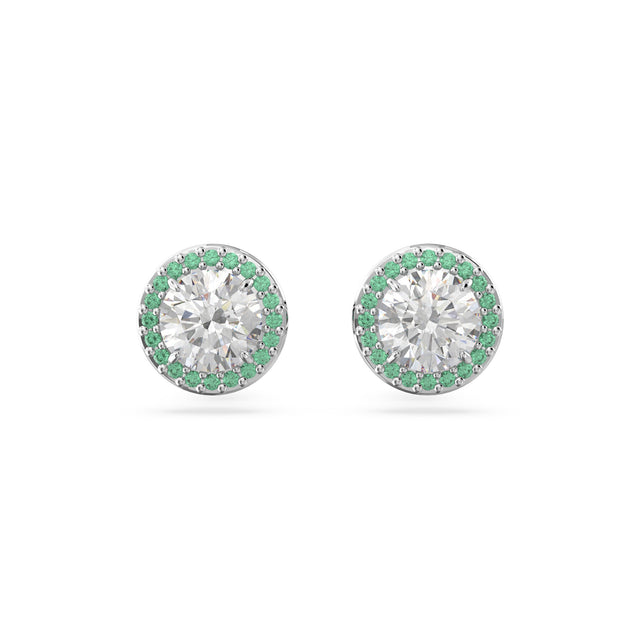Swarovski Zirconia Constella Green Round Cut Rhodium Plated Halo Stud Earrings