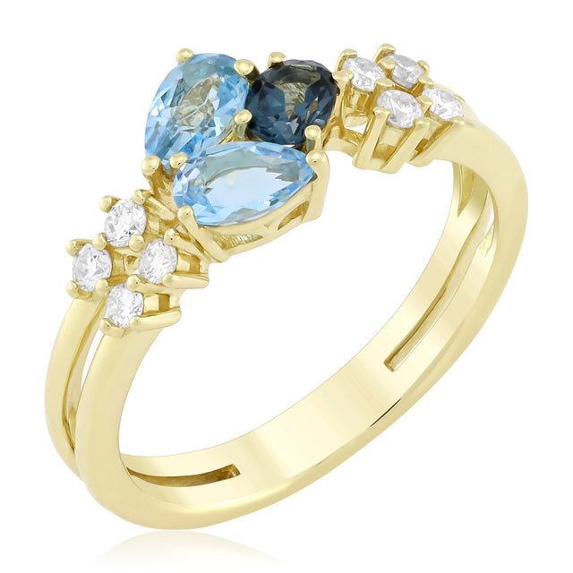 Swiss Blue Topaz, London Blue Topaz, and 1/6ctw Diamond Yellow Gold Ring - Size 6