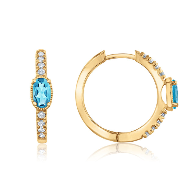 Swiss Blue Topaz and 1/6ctw Diamond Yellow Gold Huggie Hoop Earrings
