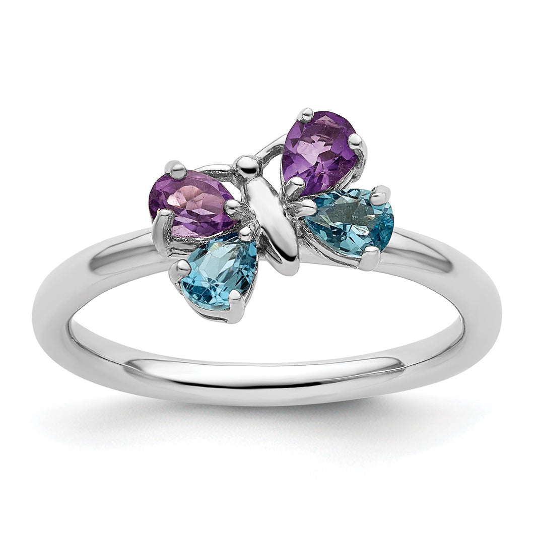 Swiss Blue Topaz and Amethyst Butterfly Sterling Silver Stackable Ring | Size 10
