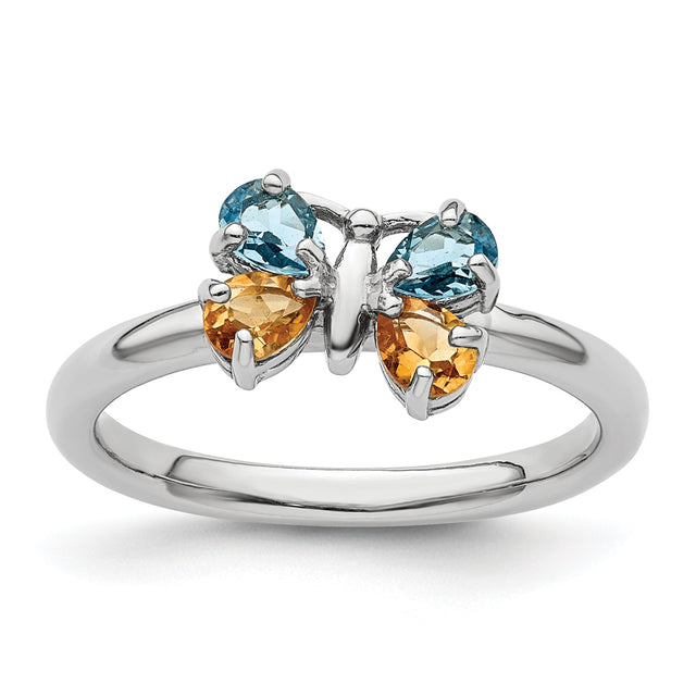 Swiss Blue Topaz and Citrine Butterfly Sterling Silver Stackable Ring | Size 10