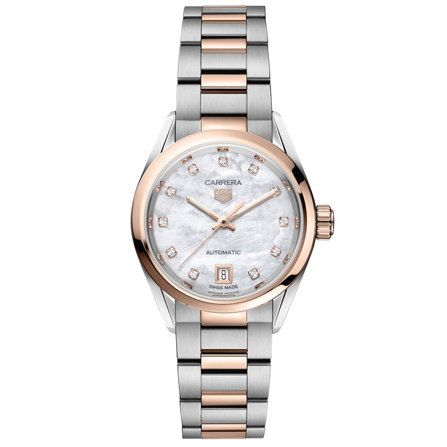 TAG Heuer CARRERA Date Calibre 9 Automatic Mother-of-Pearl Diamond Dial Steel and Gold Watch 29mm - WBN2450.BD0569