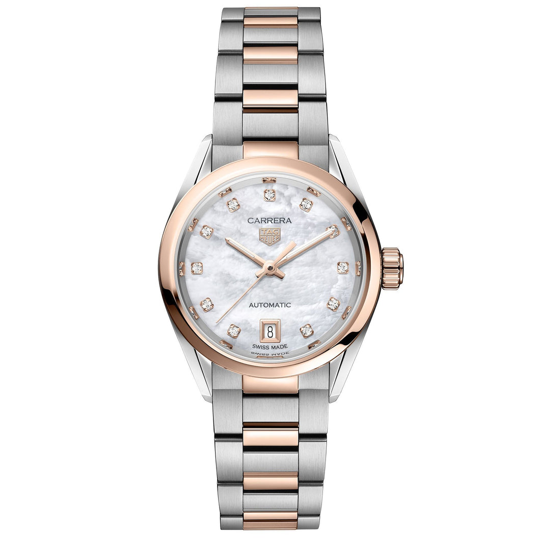 TAG Heuer CARRERA Date Calibre 9 Automatic Mother-of-Pearl Diamond Dial Steel and Gold Watch 29mm - WBN2450.BD0569