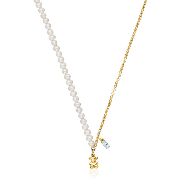 TOUS Bold Bear Cultured Pearl and Topaz Gold Plated Pendant Necklace