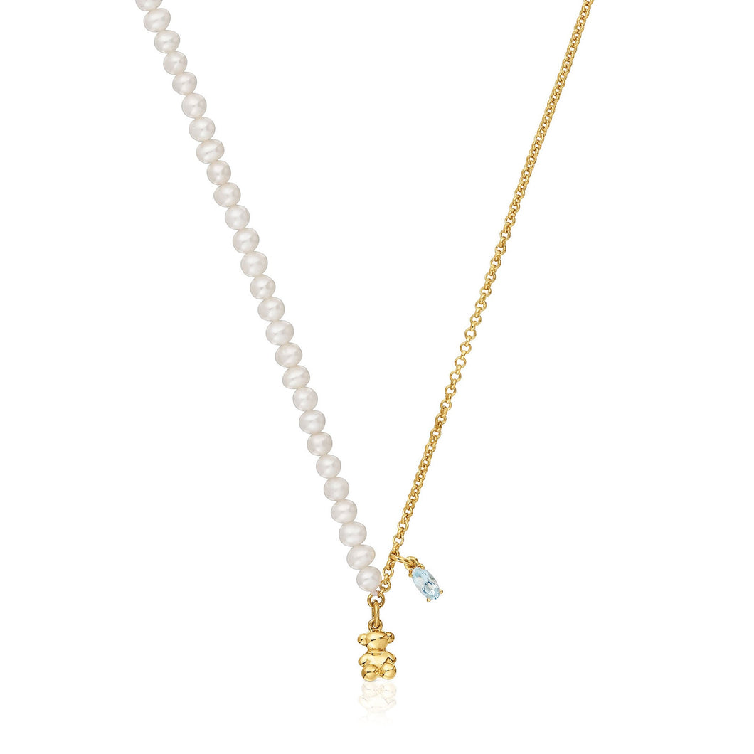 TOUS Bold Bear Cultured Pearl and Topaz Gold Plated Pendant Necklace