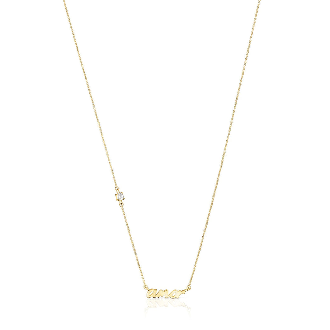TOUS Crossword Yellow Gold and 1/20ct Diamond Love Necklace