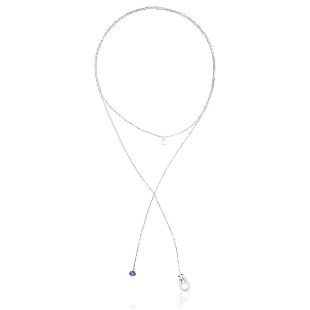 TOUS Teddy Bear Gems Pearl and Tanzanite Sterling Silver Open Necklace