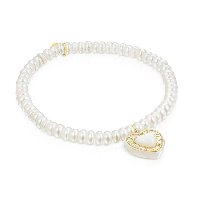 TOUS Yellow Gold White Freshwater Cultured Pearl and Mother-of-Pearl Heart Bracelet