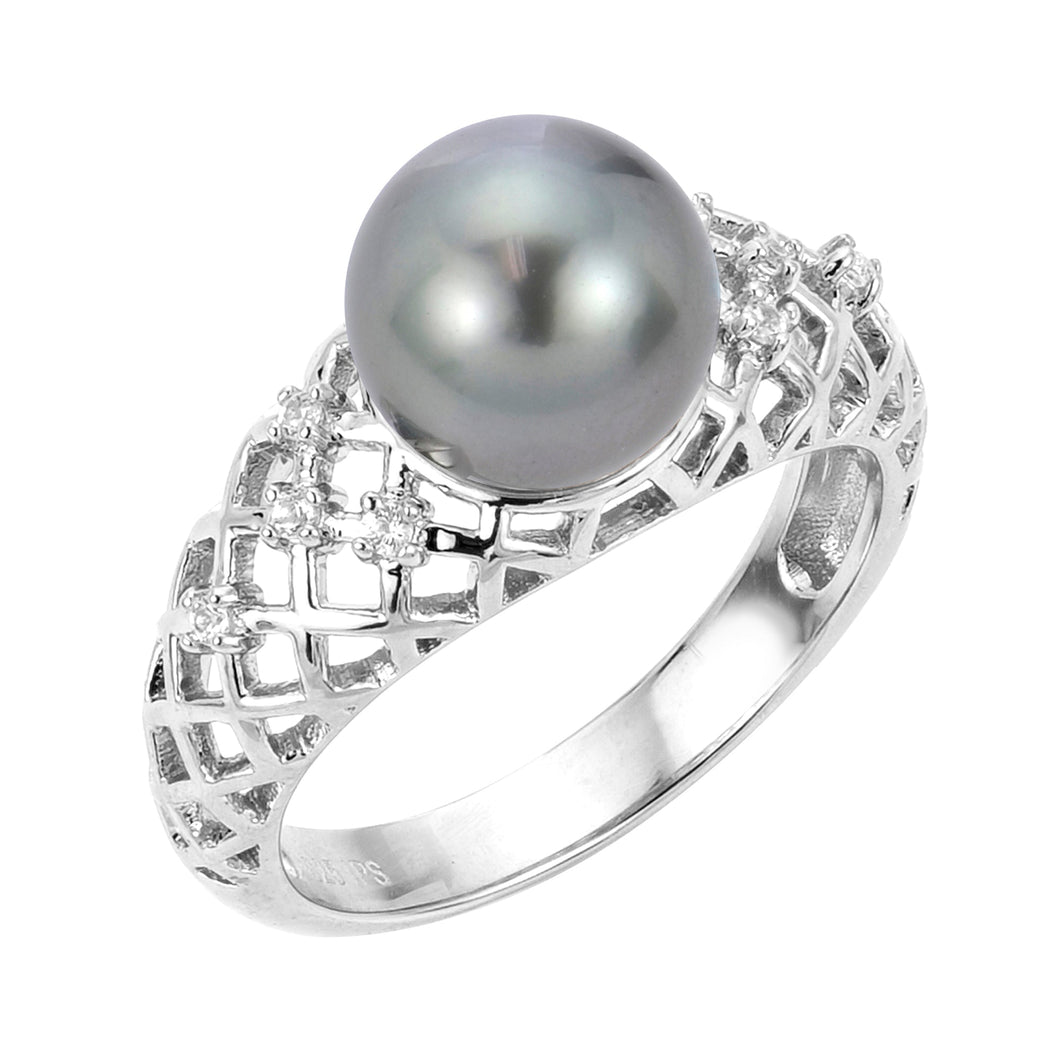 Tahitian Cultured Pearl and Created White Sapphire Sterling Silver Ring | Size 7