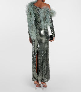 Taller Marmo Garbo Disco feather-trimmed sequined gown