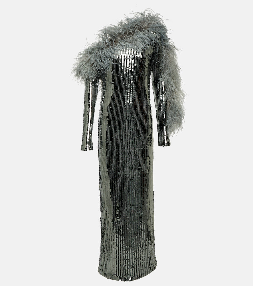 Taller Marmo Garbo Disco feather-trimmed sequined gown. 玛莫·嘉宝 (Marmo Garbo) 迪斯科羽毛镶边亮片礼服
