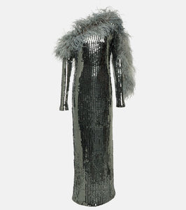 Taller Marmo Garbo Disco feather-trimmed sequined gown