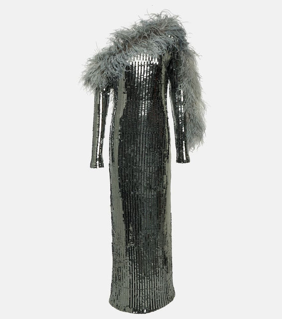 Taller Marmo Garbo Disco feather-trimmed sequined gown
