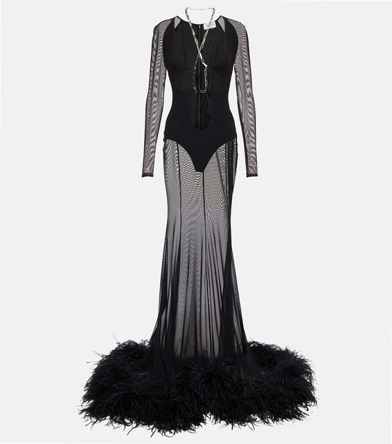 The Attico Feather-trimmed cutout gown