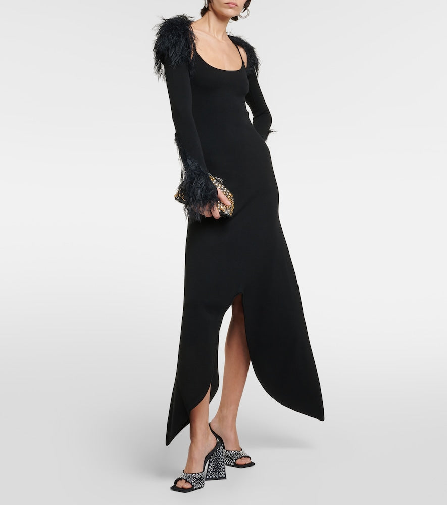 The Attico Feather-trimmed jersey midi dress