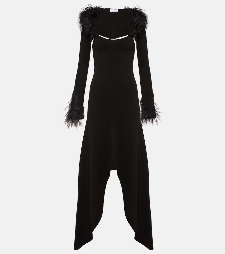 The Attico Feather-trimmed jersey midi dress. Attico羽毛饰边针织中长连衣裙