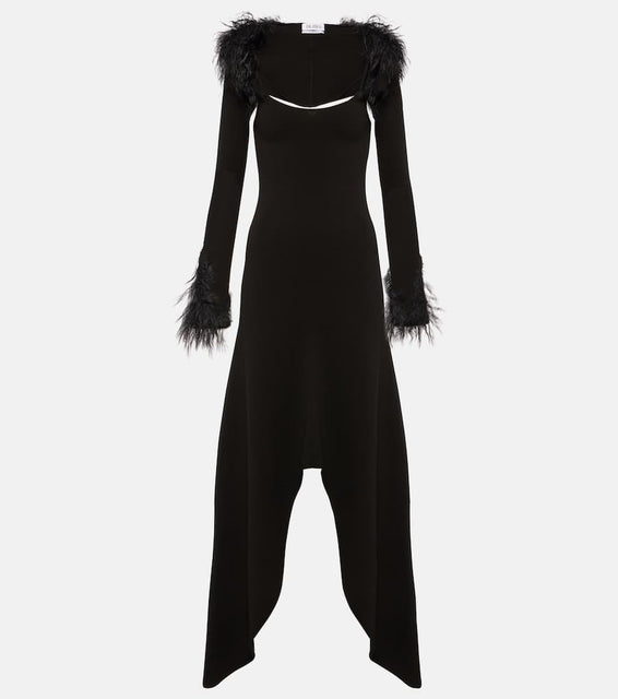 The Attico Feather-trimmed jersey midi dress