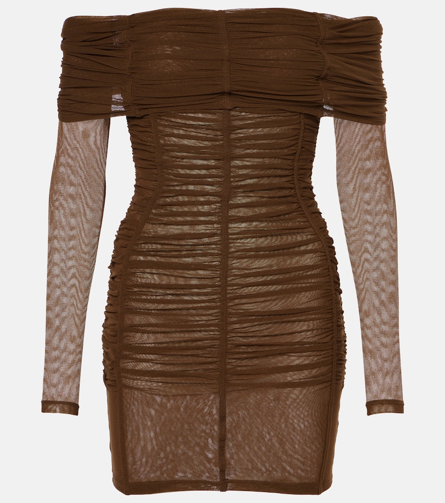The Attico Ruched off-shoulder jersey minidress. Attico 褶皱露肩针织迷你连衣裙