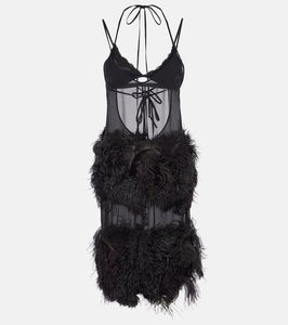 The Attico Sheer feather-trimmed midi dress