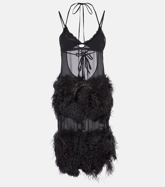 The Attico Sheer feather-trimmed midi dress