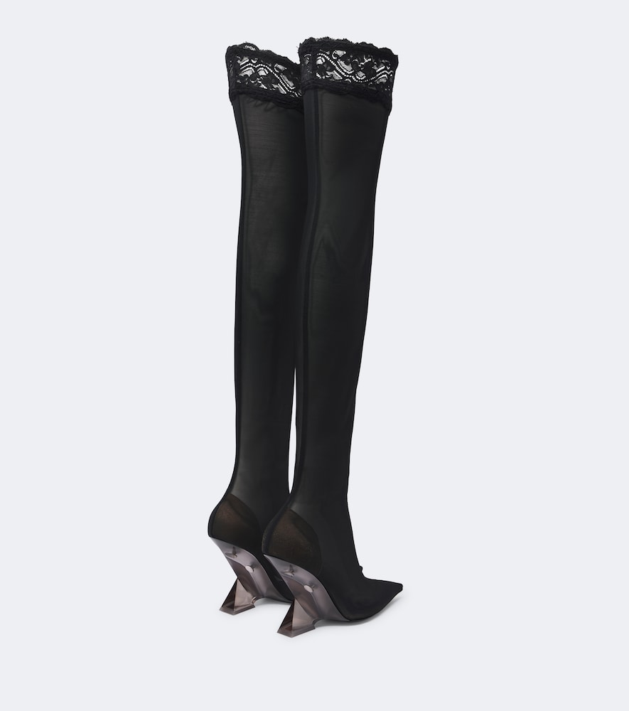 The Attico Cheope lace-trimmed mesh over-the-knee boots - Black Mid Heel Boots