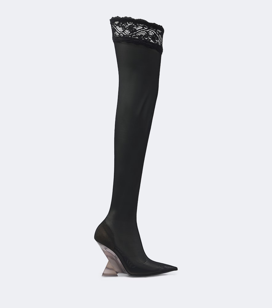 The Attico Cheope lace-trimmed mesh over-the-knee boots - Black Mid Heel Boots